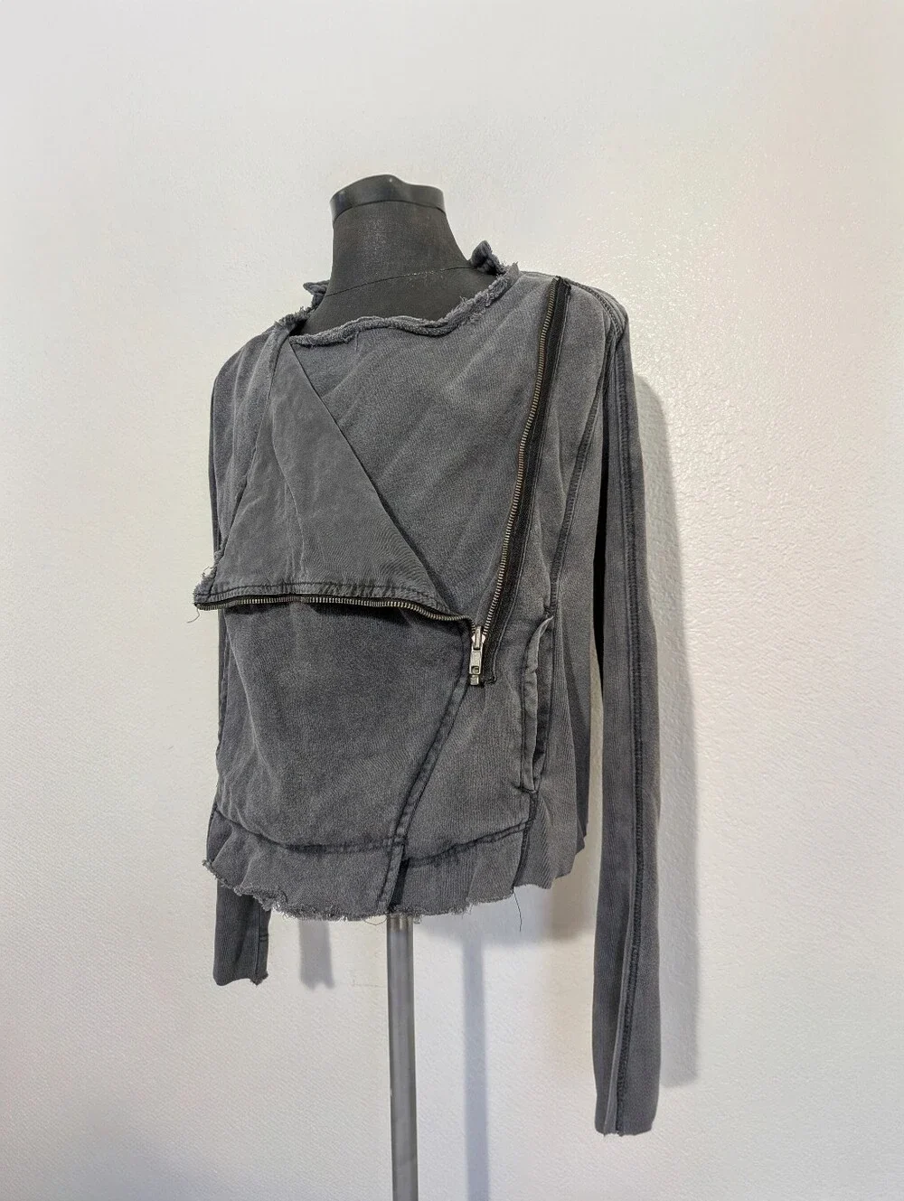 Free People Black Washed Moto Distressed Large Jacket with Asymmetrical Zipper